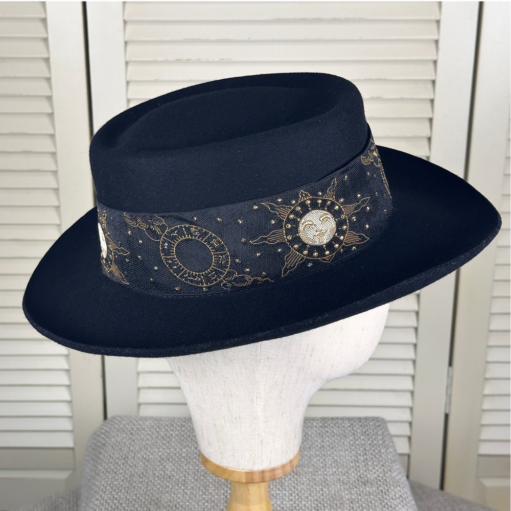 Vintage Italian Black Celestial Wool Fedora Sun Moon Gold Embroidered Ribbon Hat - Picture 3 of 8